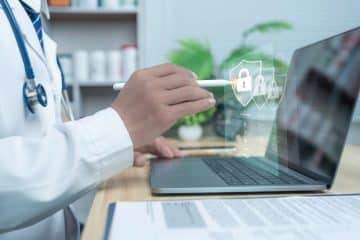 A medical professional with a security icon overlay.