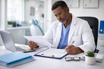 Dentist in a modern clinic reviewing insurance paperwork at a desk, holding documents and writing on a clipboard with focused attention