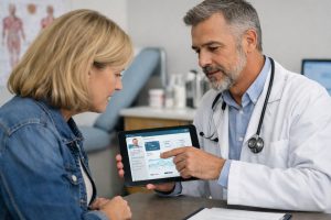 Physician showing a medical app on a tablet while a patient closely reviews her health data during a clinic consultation