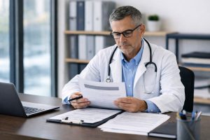 Medical director wearing glasses reviewing printed documents at desk in a professional office setting