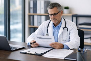 Medical director wearing glasses reviewing printed documents at desk in a professional office setting