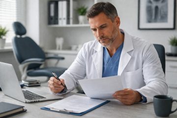 Dentist in a modern clinic reviews paperwork at a desk while holding a pen, with a dental chair and equipment visible in the background.