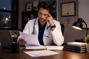 Doctor reviewing documents late at night in a softly lit office, seated at a desk with a laptop, coffee mug, and stacked books, focused and thoughtful.